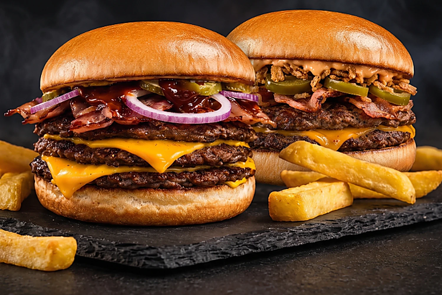 Dwa soczyste burgery CITY BURGER z frytkami stekowymi