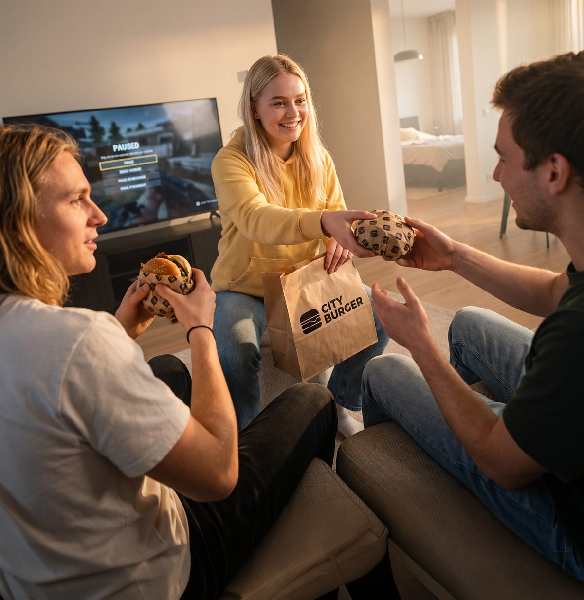 Ekipa z burgerami i torbą CITY BURGER w domowym salonie